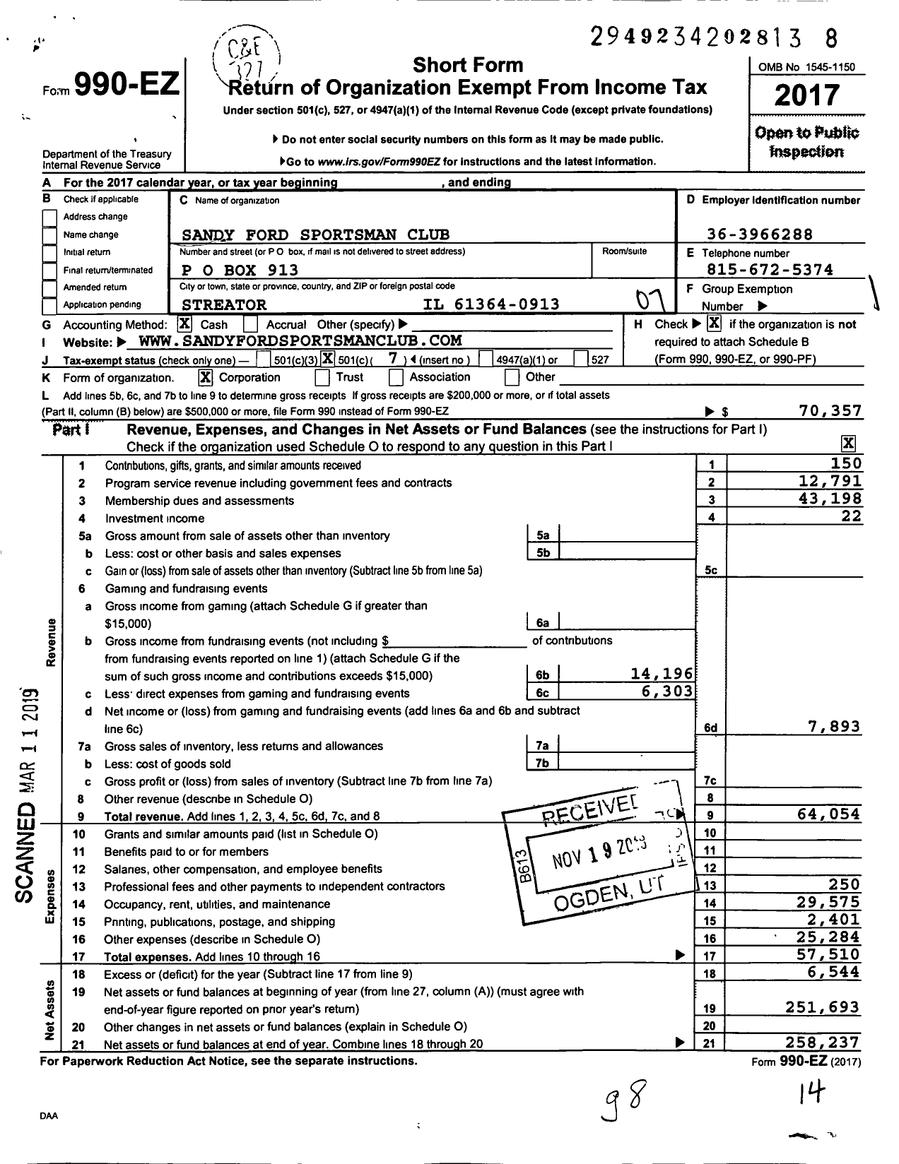 Image of first page of 2017 Form 990EO for Sandy Ford Sportsman Club