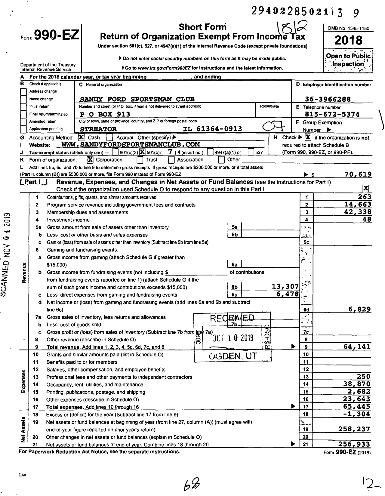 Image of first page of 2018 Form 990EO for Sandy Ford Sportsman Club