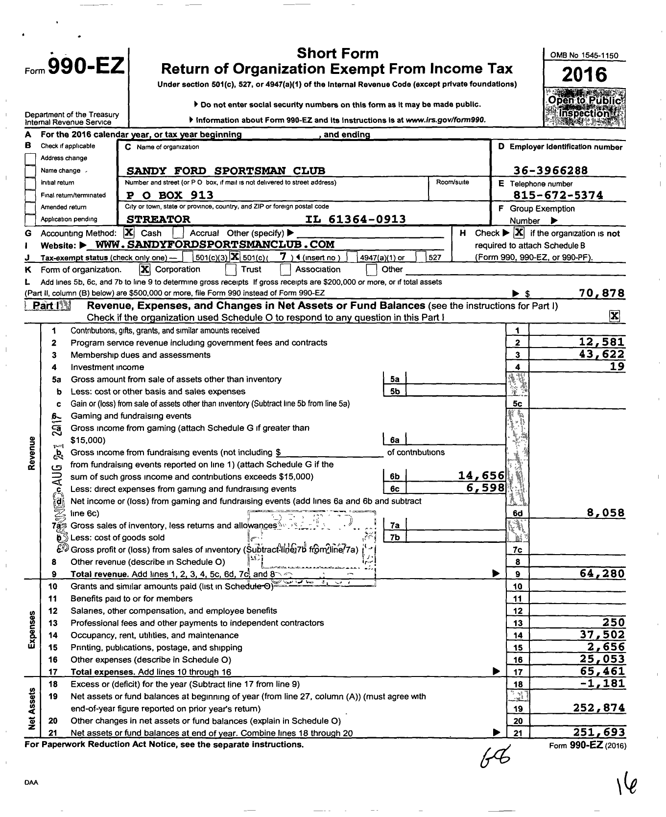 Image of first page of 2016 Form 990EO for Sandy Ford Sportsman Club