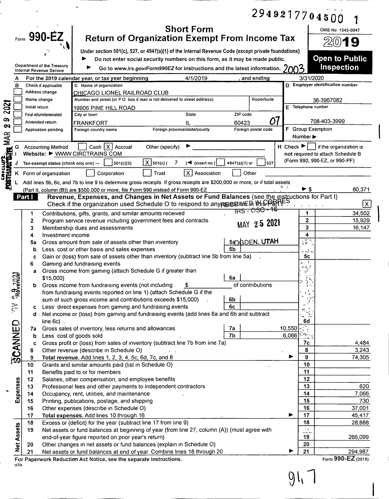 Image of first page of 2019 Form 990EO for Chicago Lionel Railroad Club