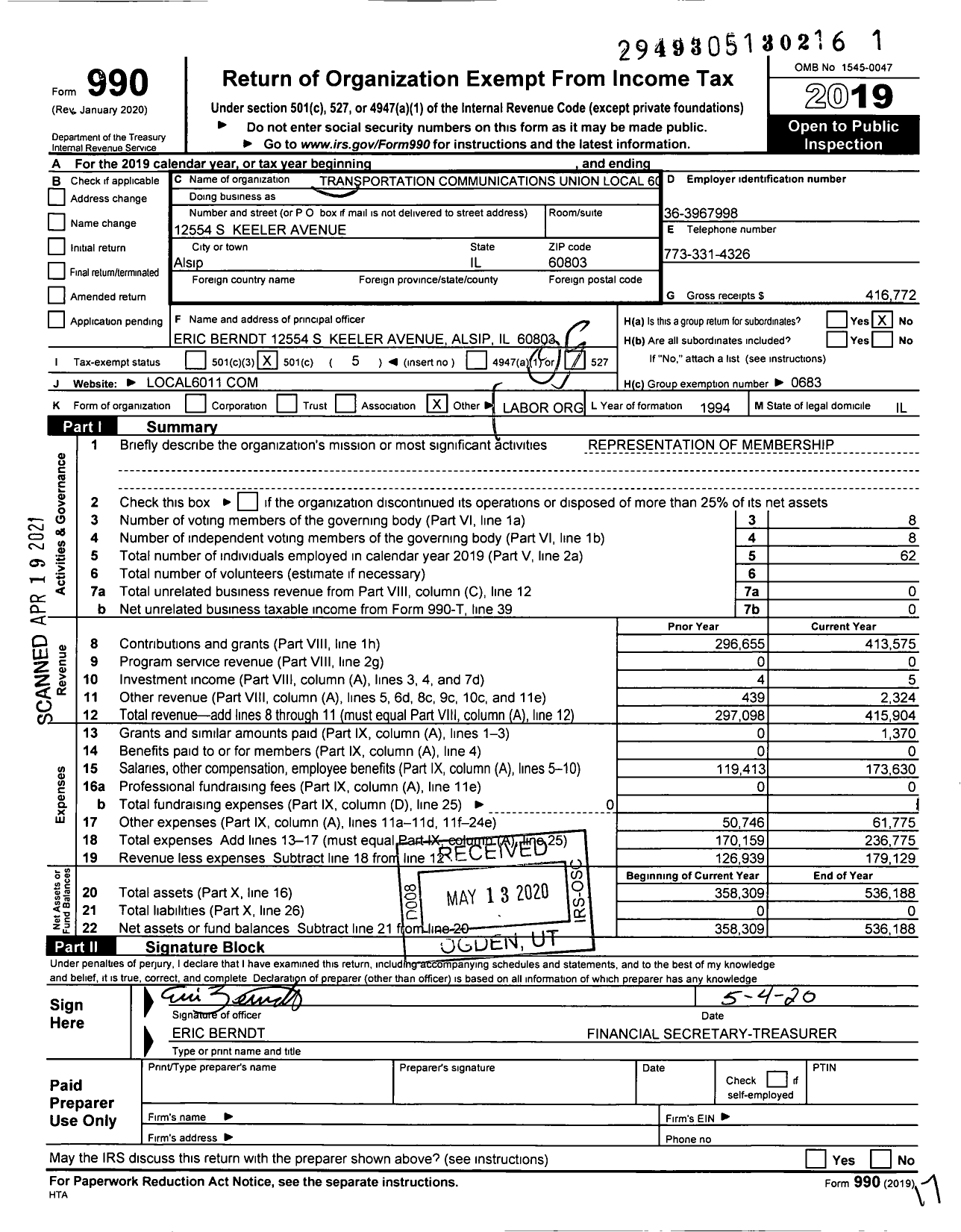 Image of first page of 2019 Form 990O for Transportation-Communications Union / T6011 Lodge