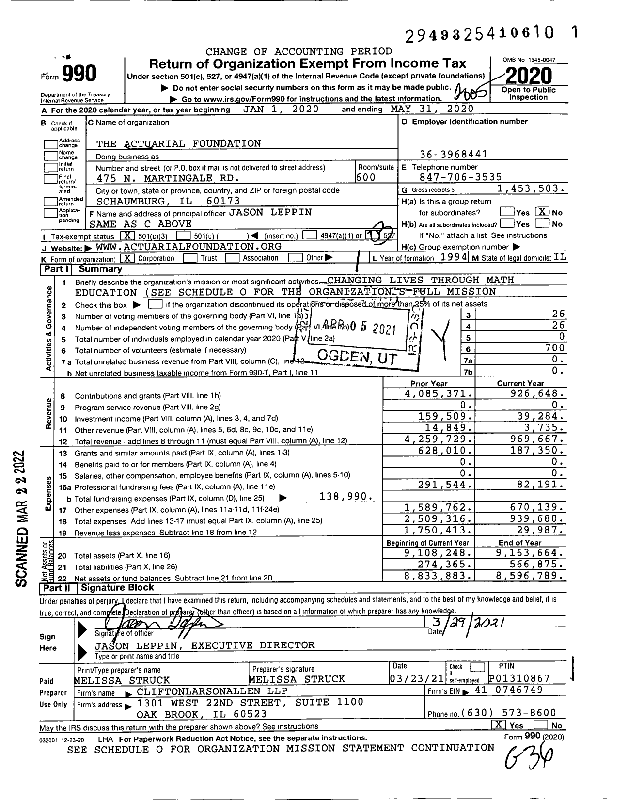 Image of first page of 2019 Form 990 for The Actuarial Foundation