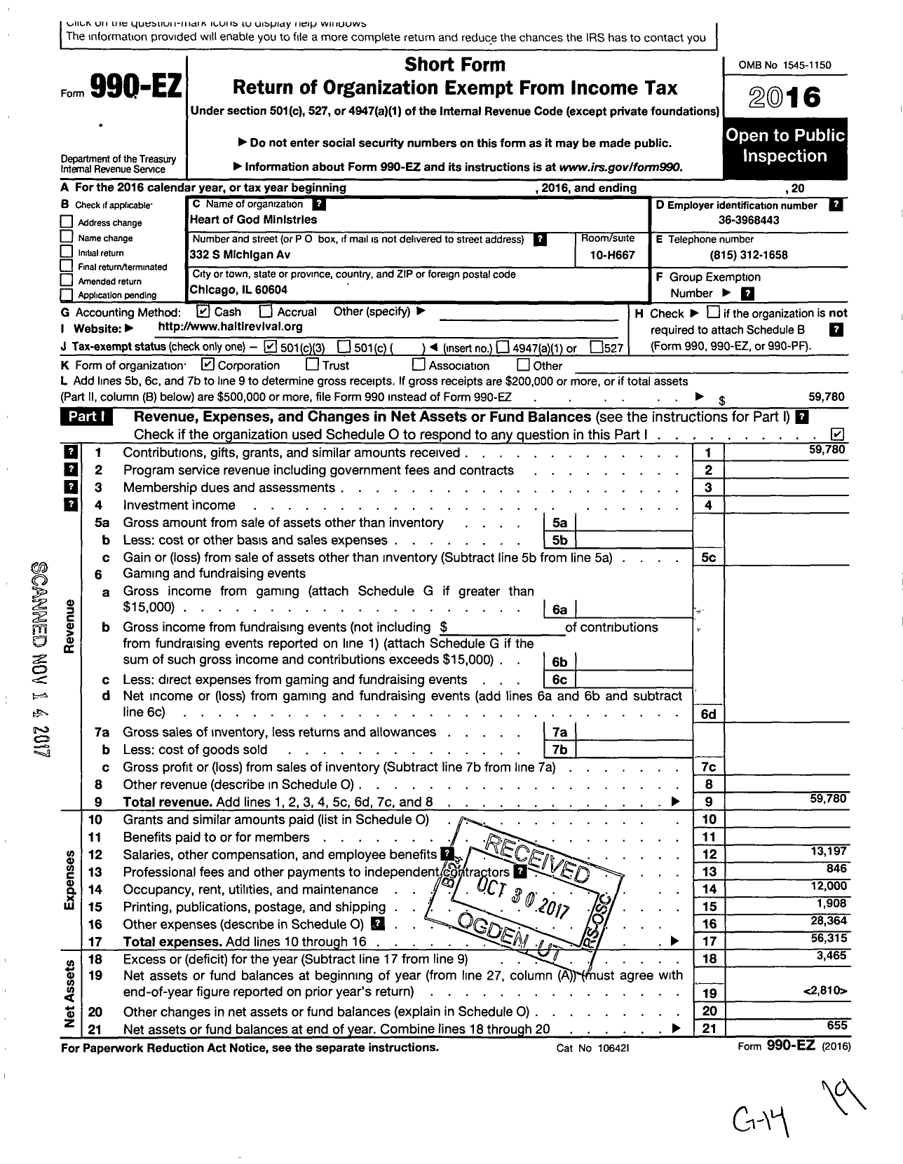 Image of first page of 2016 Form 990EZ for Heart of God Ministries