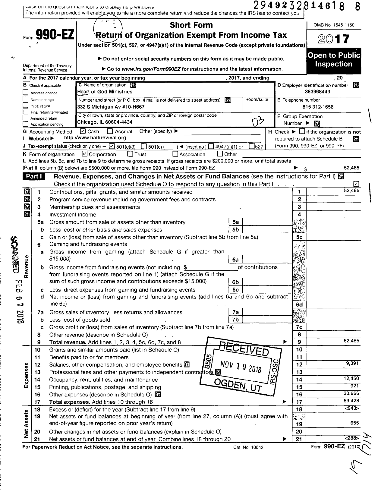 Image of first page of 2017 Form 990EZ for Heart of God Ministries