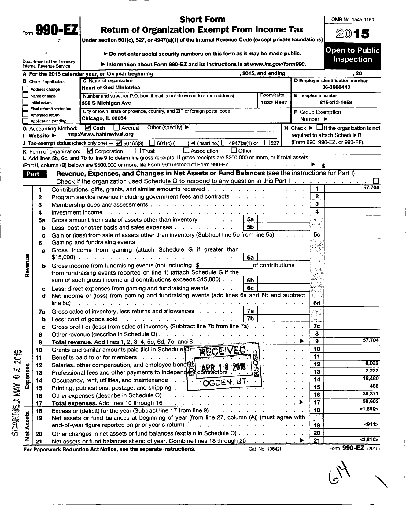 Image of first page of 2015 Form 990EZ for Heart of God Ministries