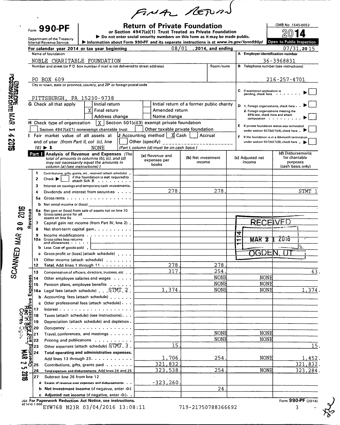 Image of first page of 2014 Form 990PF for The Sherwood D Noble Charitable Trust PNC Bank Na