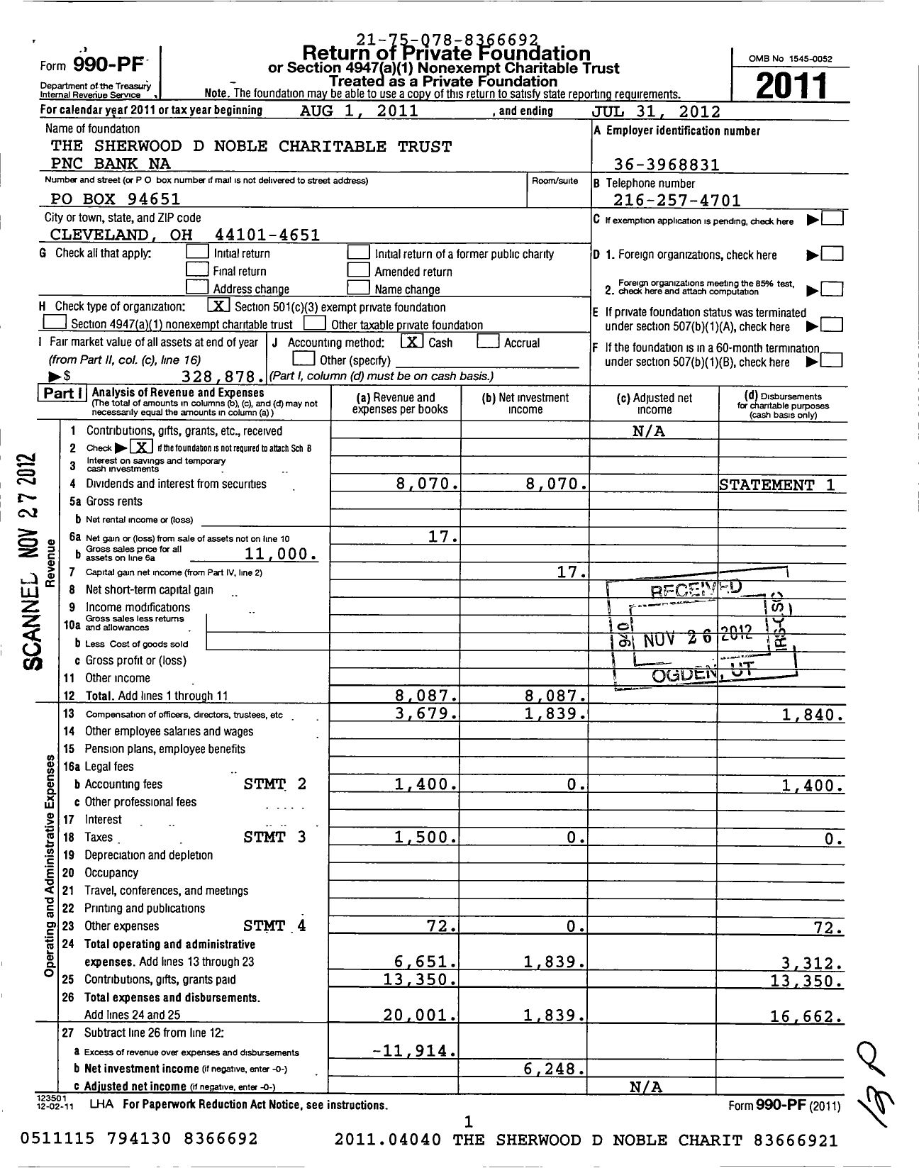 Image of first page of 2011 Form 990PF for The Sherwood D Noble Charitable Trust PNC Bank Na