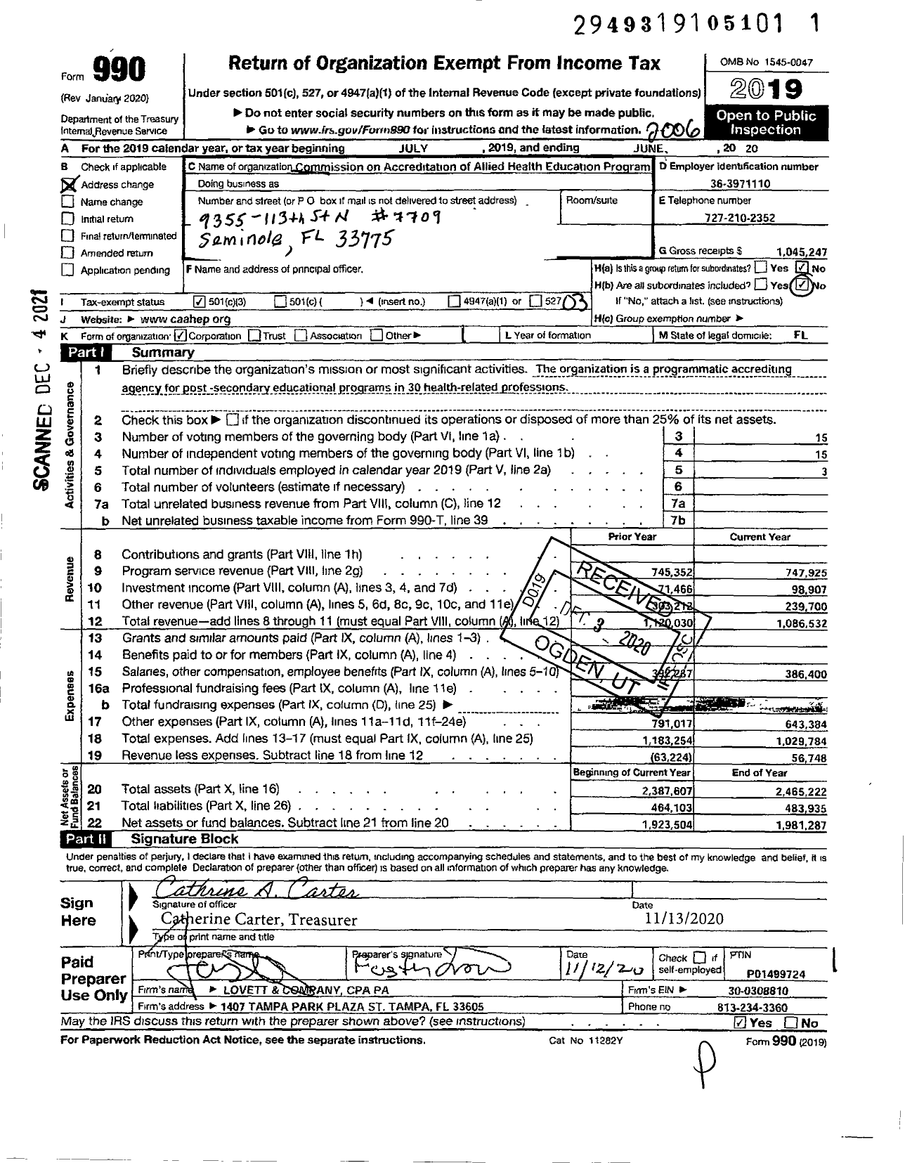 Image of first page of 2019 Form 990 for Commission on Accreditation of Allied Health Programs