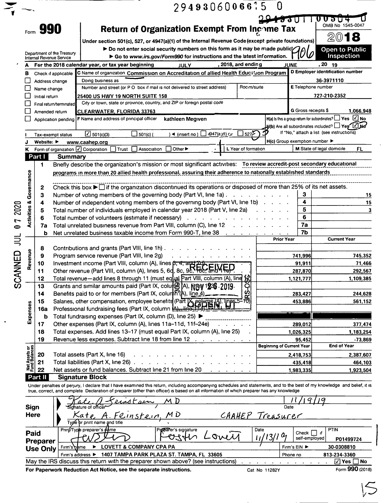 Image of first page of 2018 Form 990 for Commission on Accreditation of Allied Health Programs