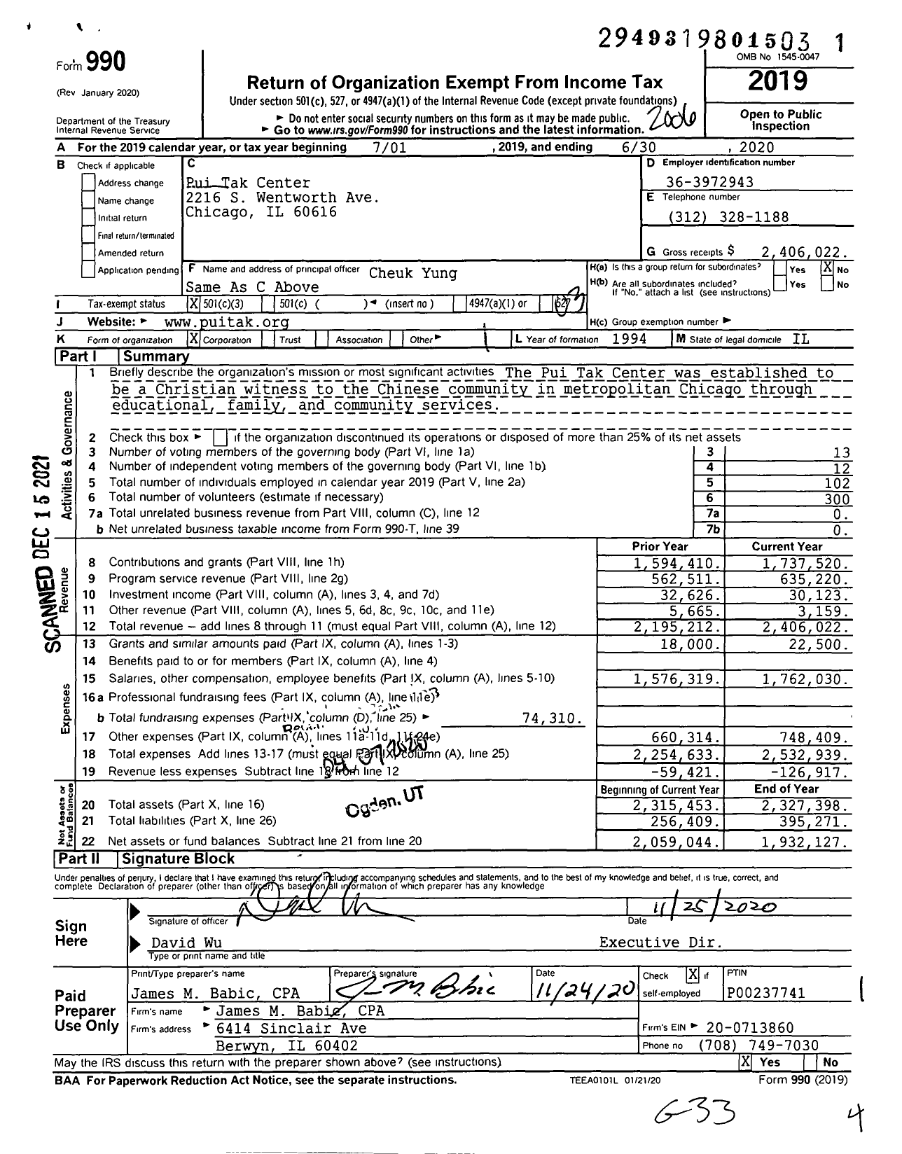 Image of first page of 2019 Form 990 for Pui Tak Center