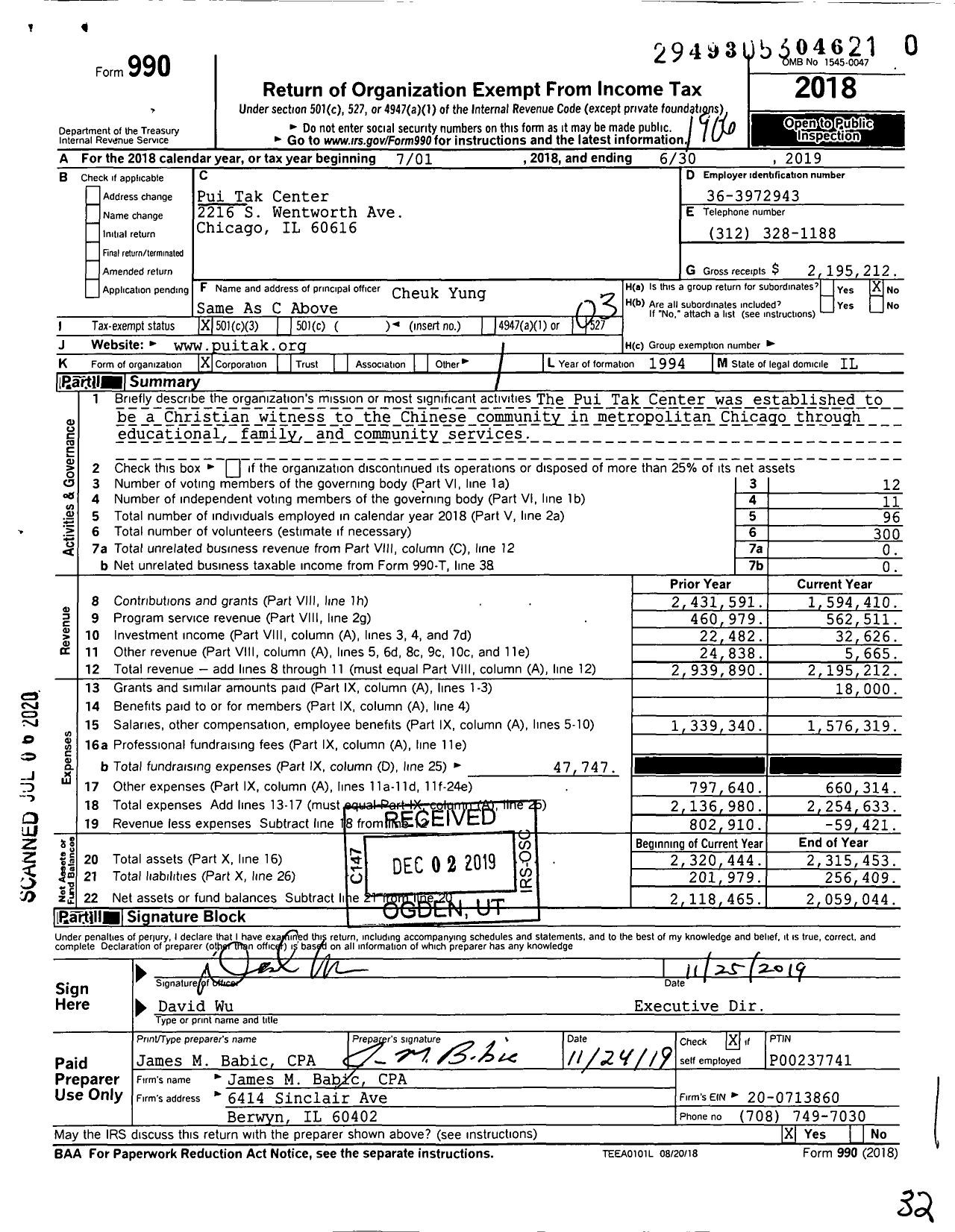 Image of first page of 2018 Form 990 for Pui Tak Center