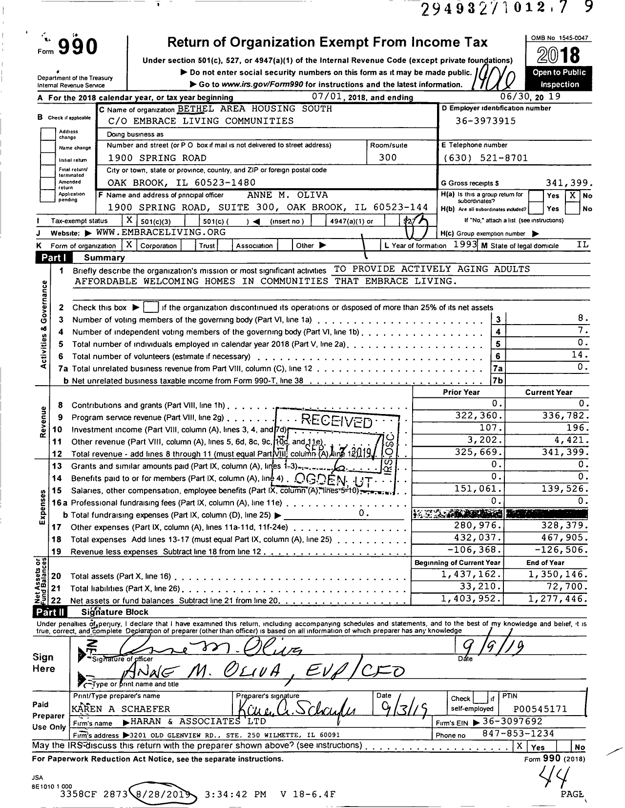 Image of first page of 2018 Form 990 for Bethel Area Housing South