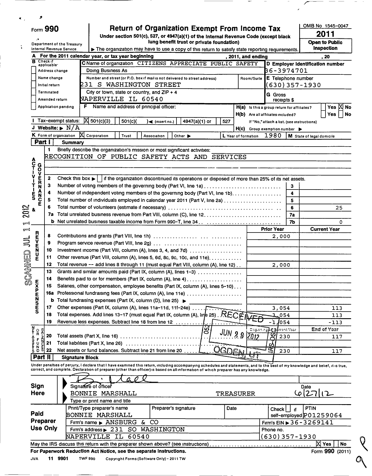 Image of first page of 2011 Form 990 for Citizens Appreciate Public Safety