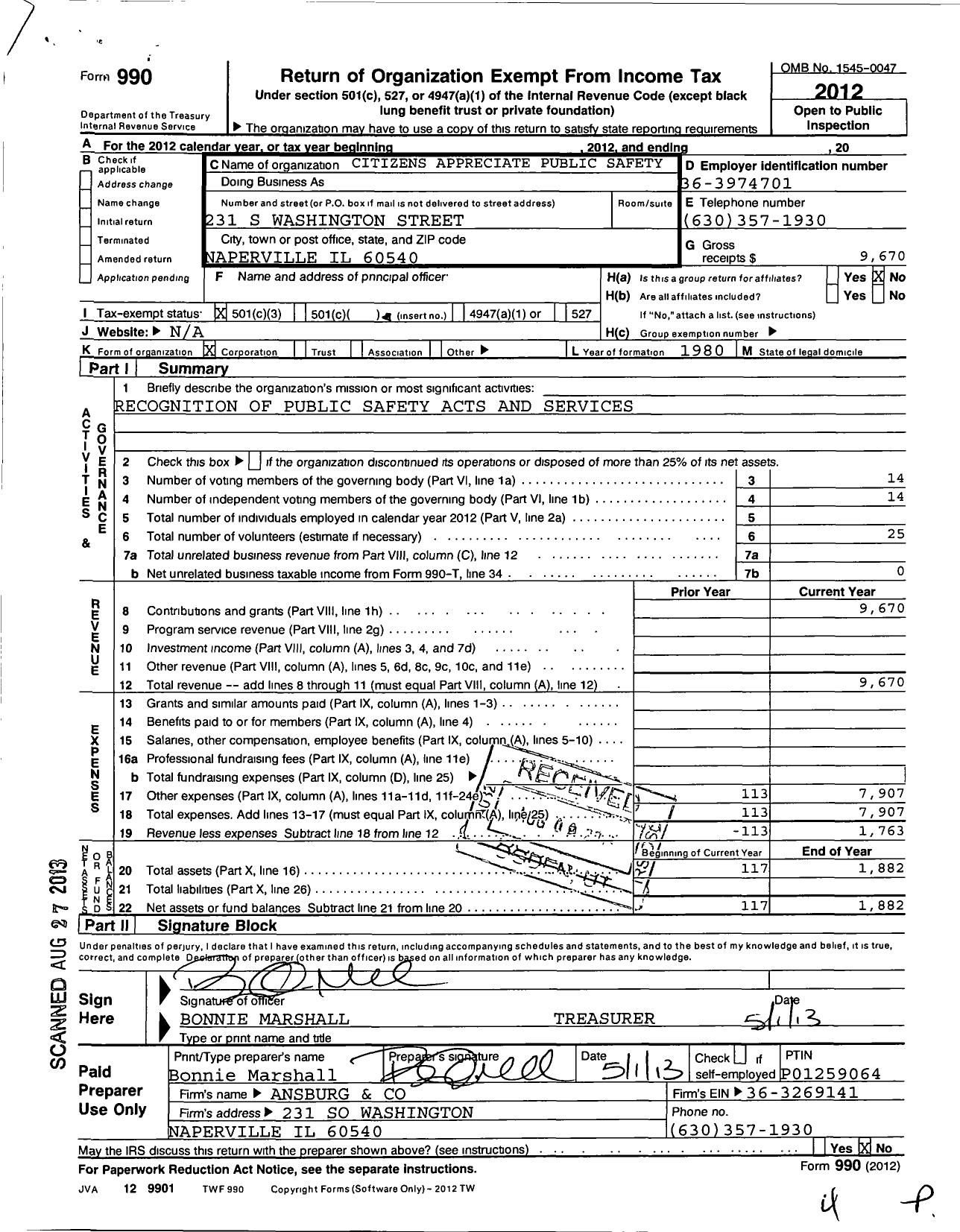 Image of first page of 2012 Form 990 for Citizens Appreciate Public Safety