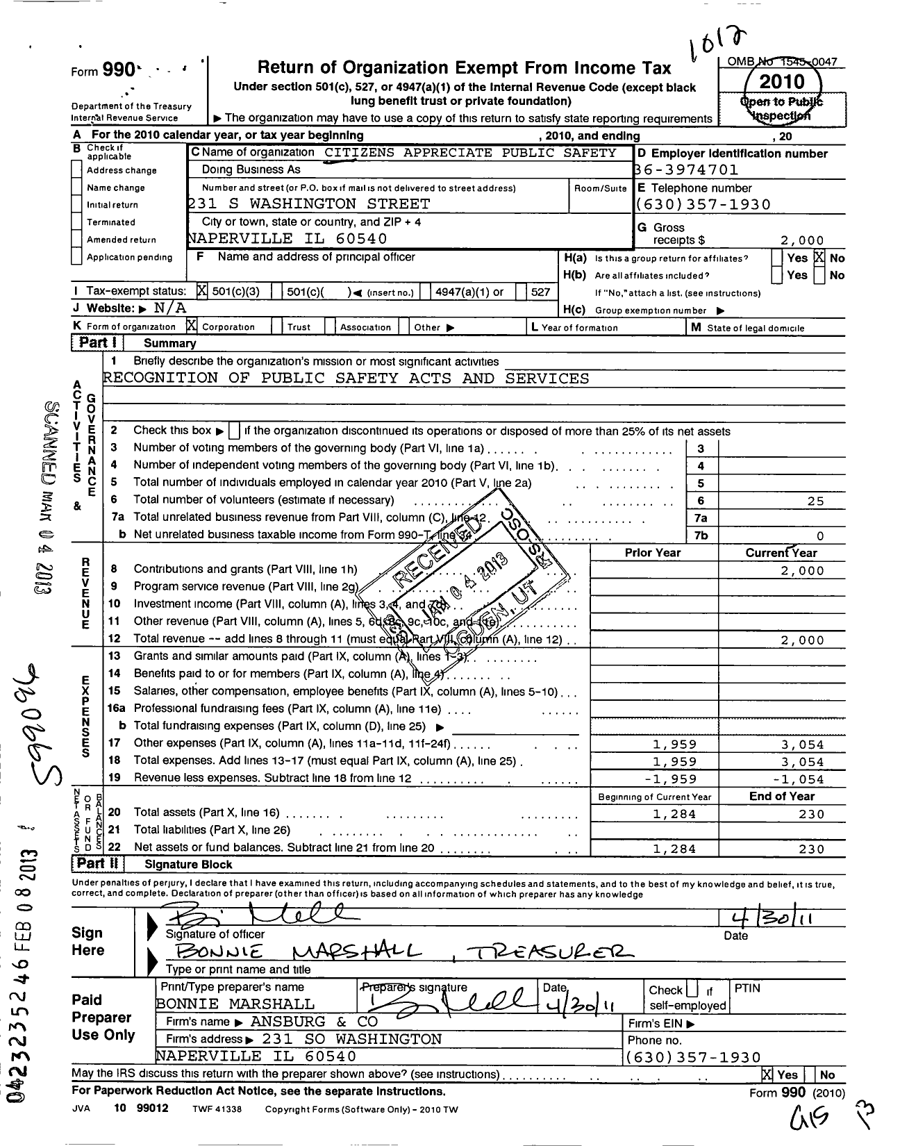 Image of first page of 2010 Form 990 for Citizens Appreciate Public Safety