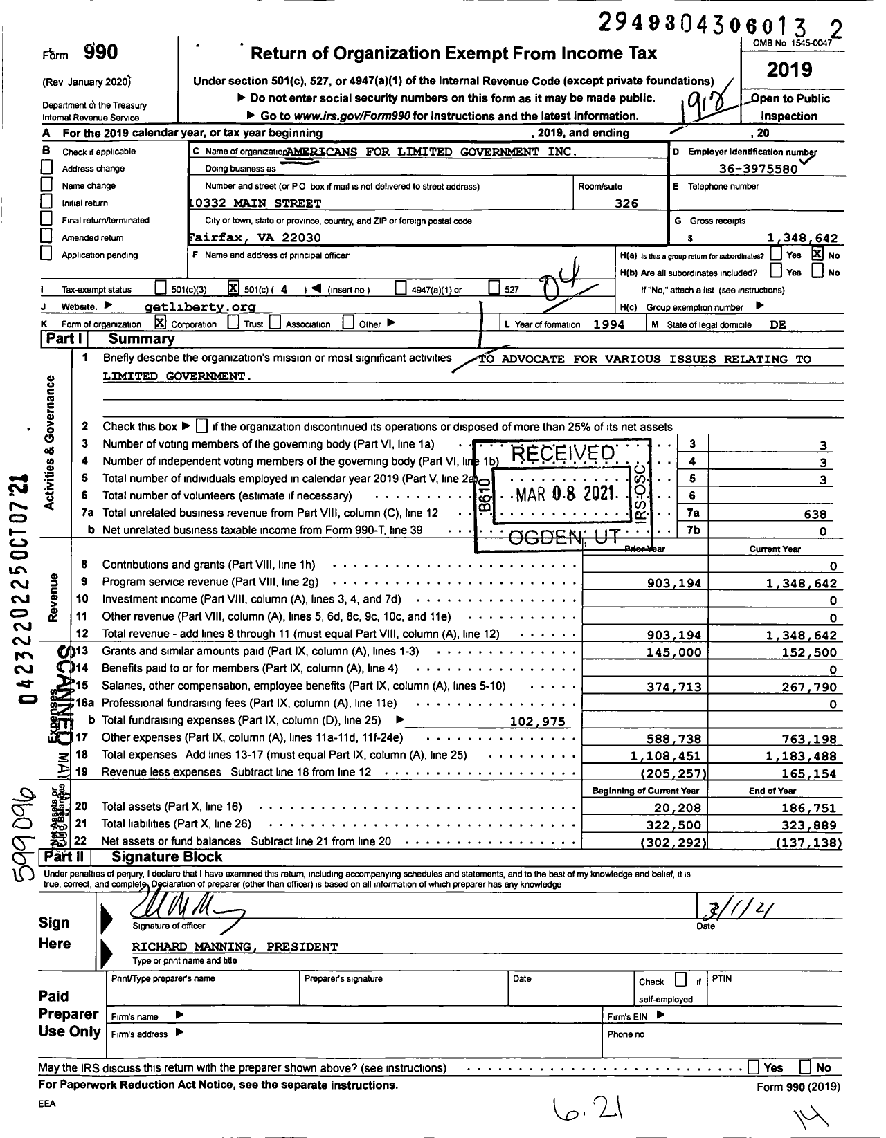 Image of first page of 2019 Form 990O for Americans for Limited Government