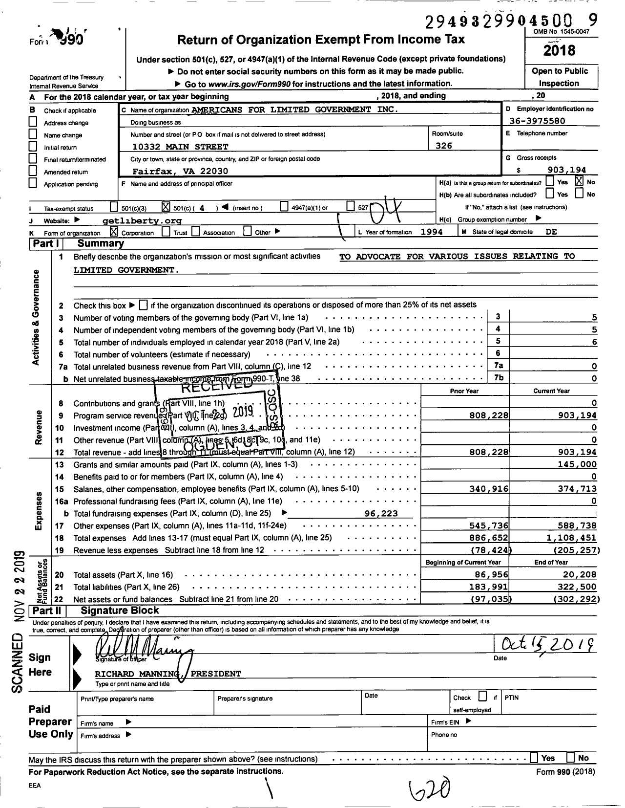 Image of first page of 2018 Form 990O for Americans for Limited Government