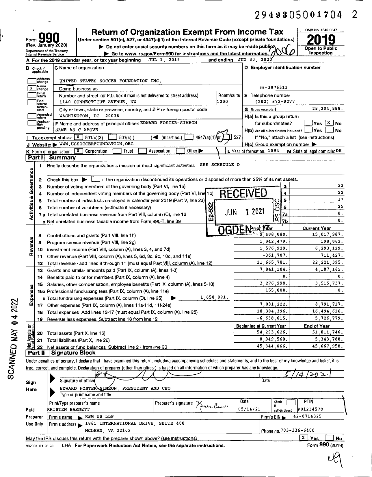 Image of first page of 2019 Form 990 for United States Soccer Foundation