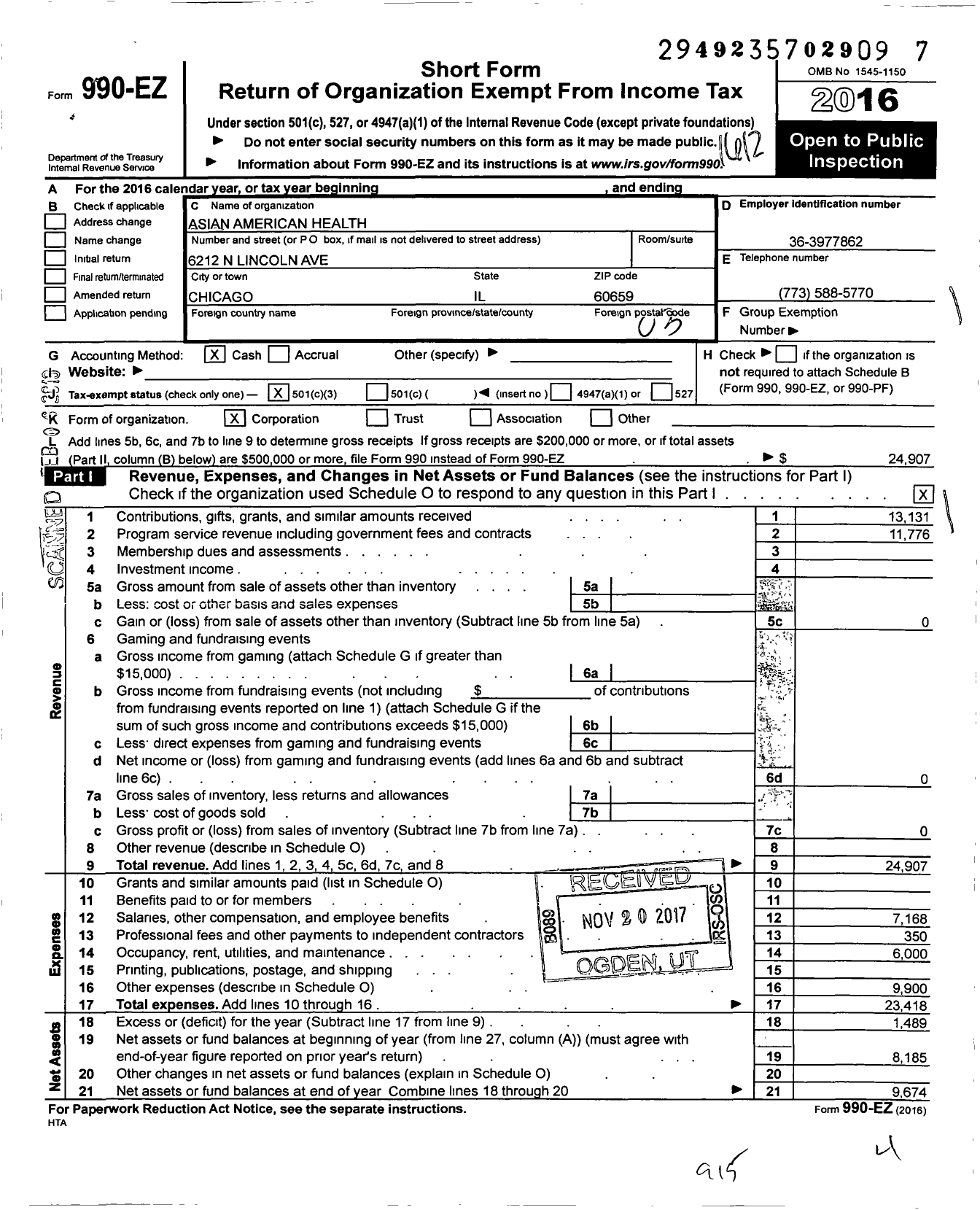 Image of first page of 2016 Form 990EZ for Asian American Health