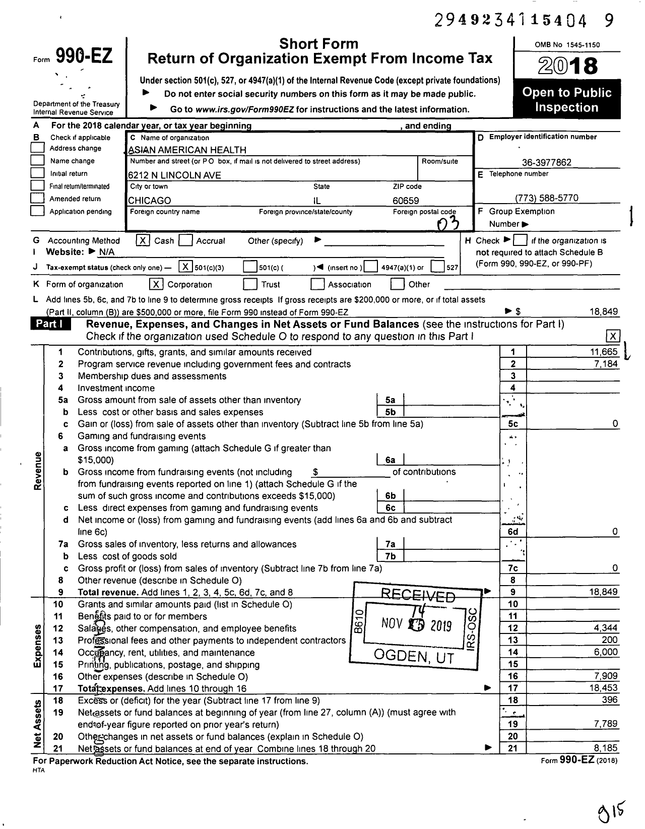 Image of first page of 2018 Form 990EZ for Asian American Health