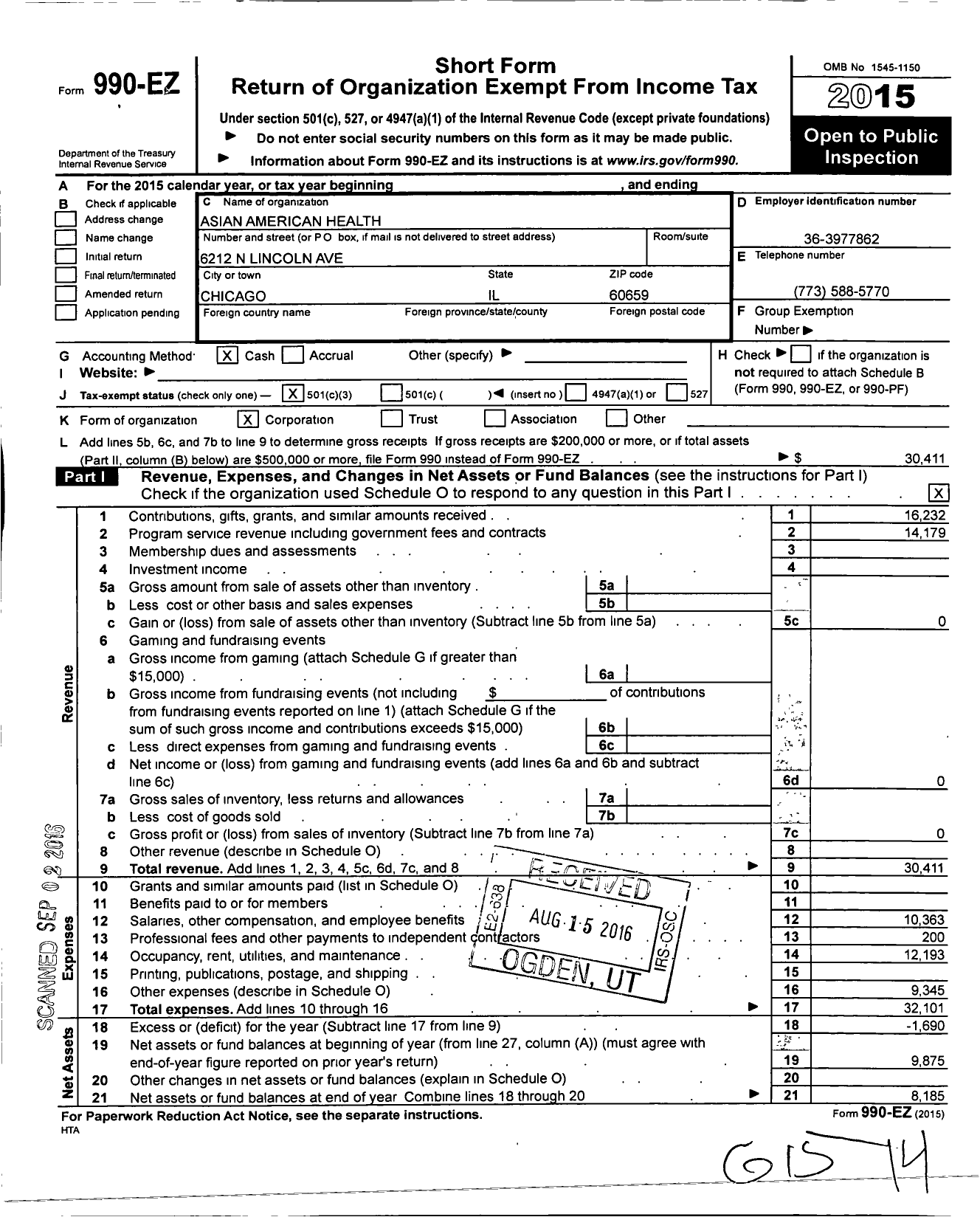 Image of first page of 2015 Form 990EZ for Asian American Health