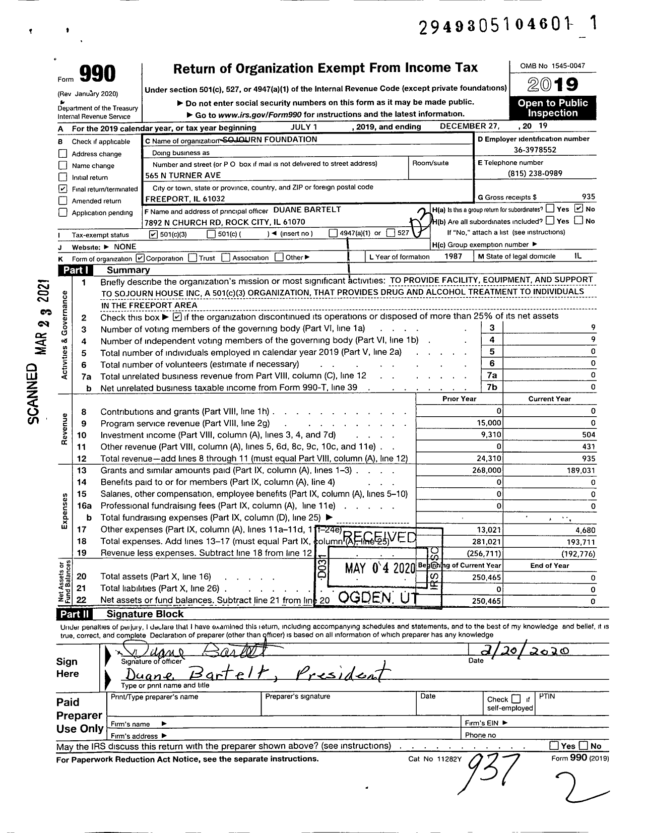 Image of first page of 2019 Form 990 for Sojourn Foundation