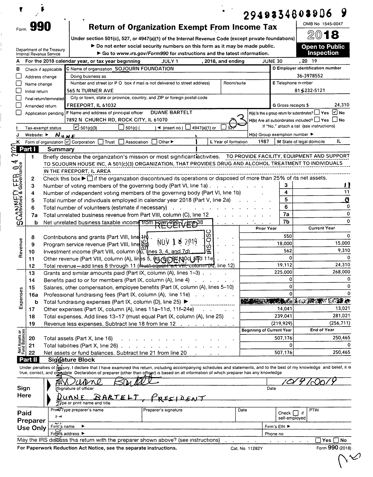 Image of first page of 2018 Form 990 for Sojourn Foundation