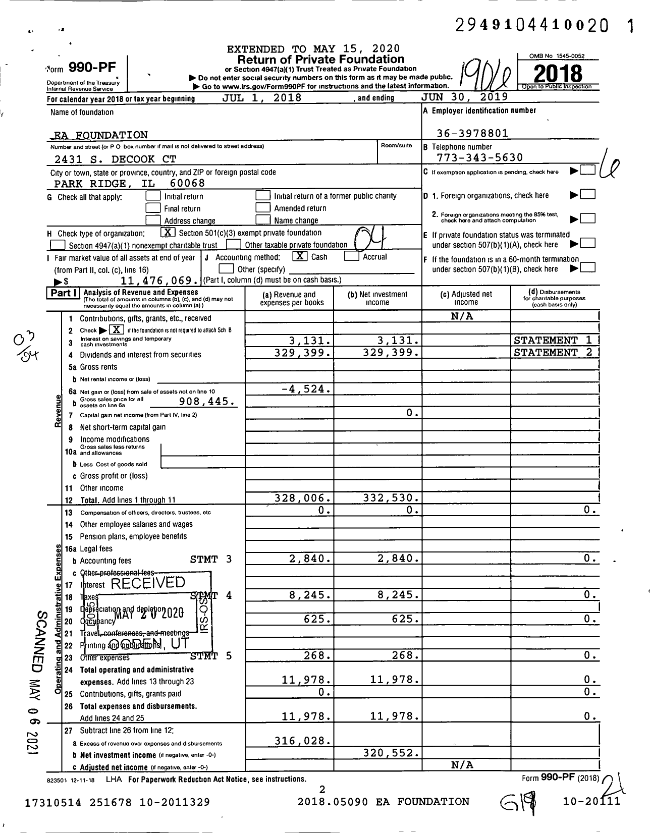 Image of first page of 2018 Form 990PF for Ea Foundation