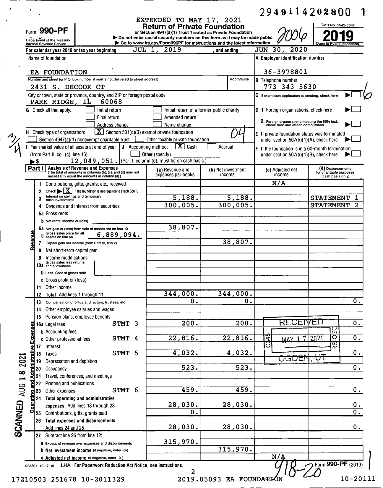 Image of first page of 2019 Form 990PF for Ea Foundation