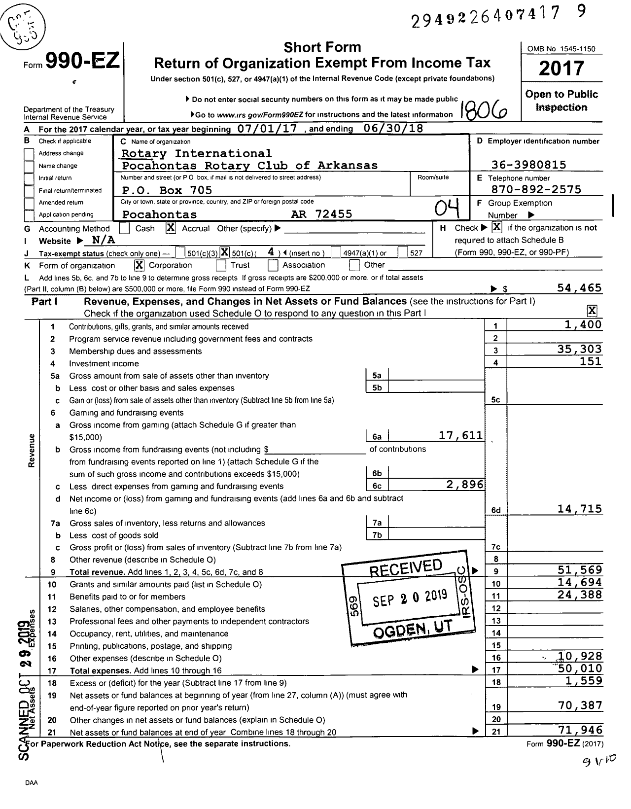 Image of first page of 2017 Form 990EO for Rotary International - Pocahontas Rotary Club of Arkansas