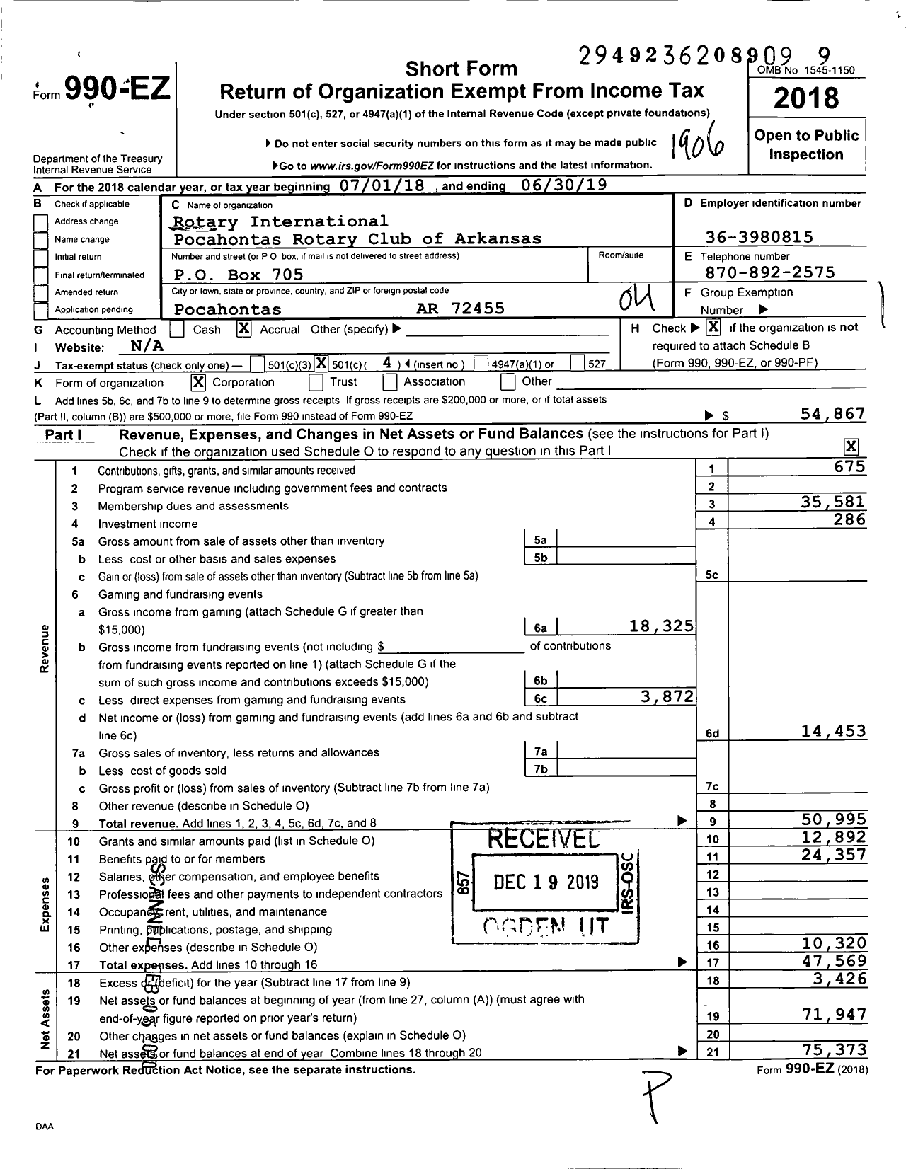 Image of first page of 2018 Form 990EO for Rotary International - Pocahontas Rotary Club of Arkansas