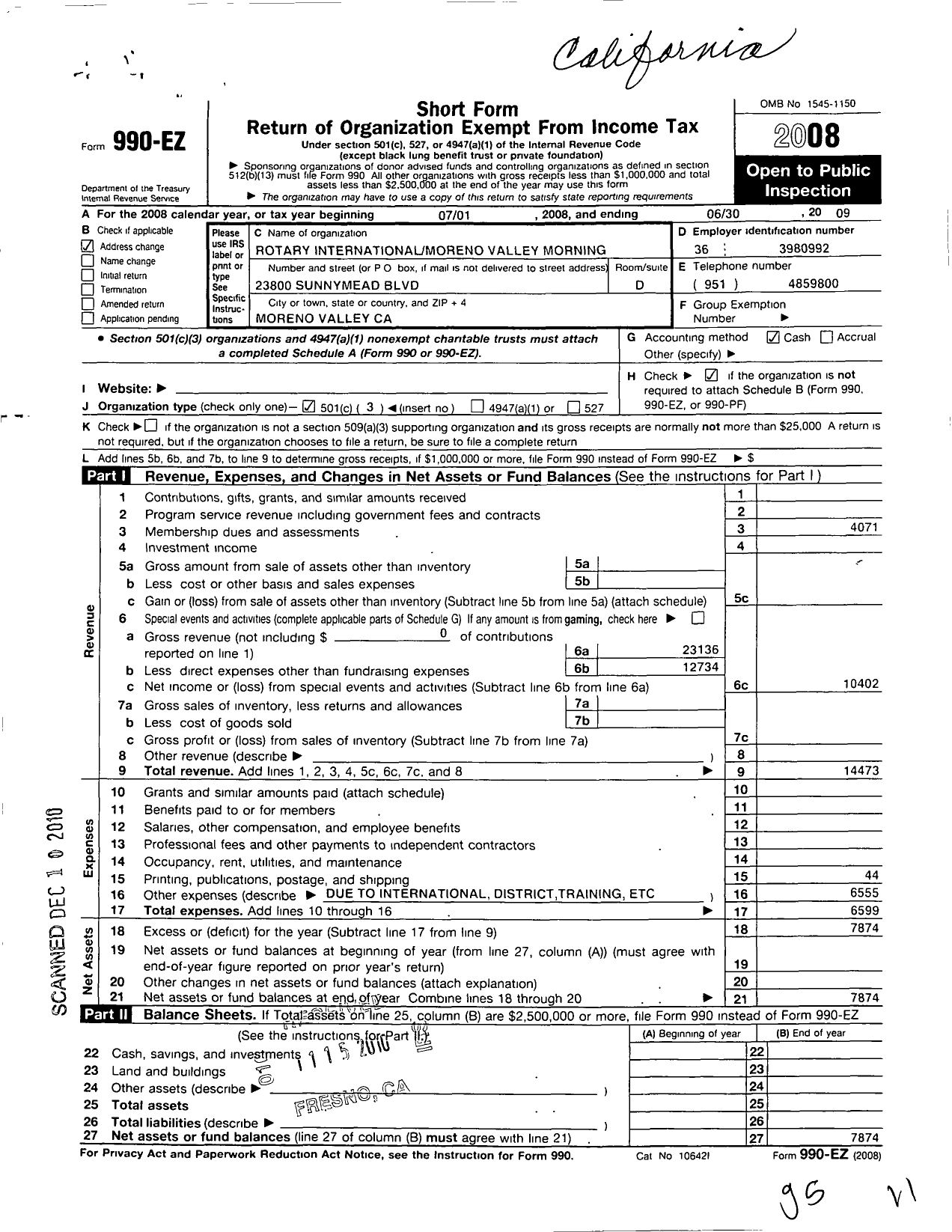 Image of first page of 2008 Form 990EZ for Rotary International