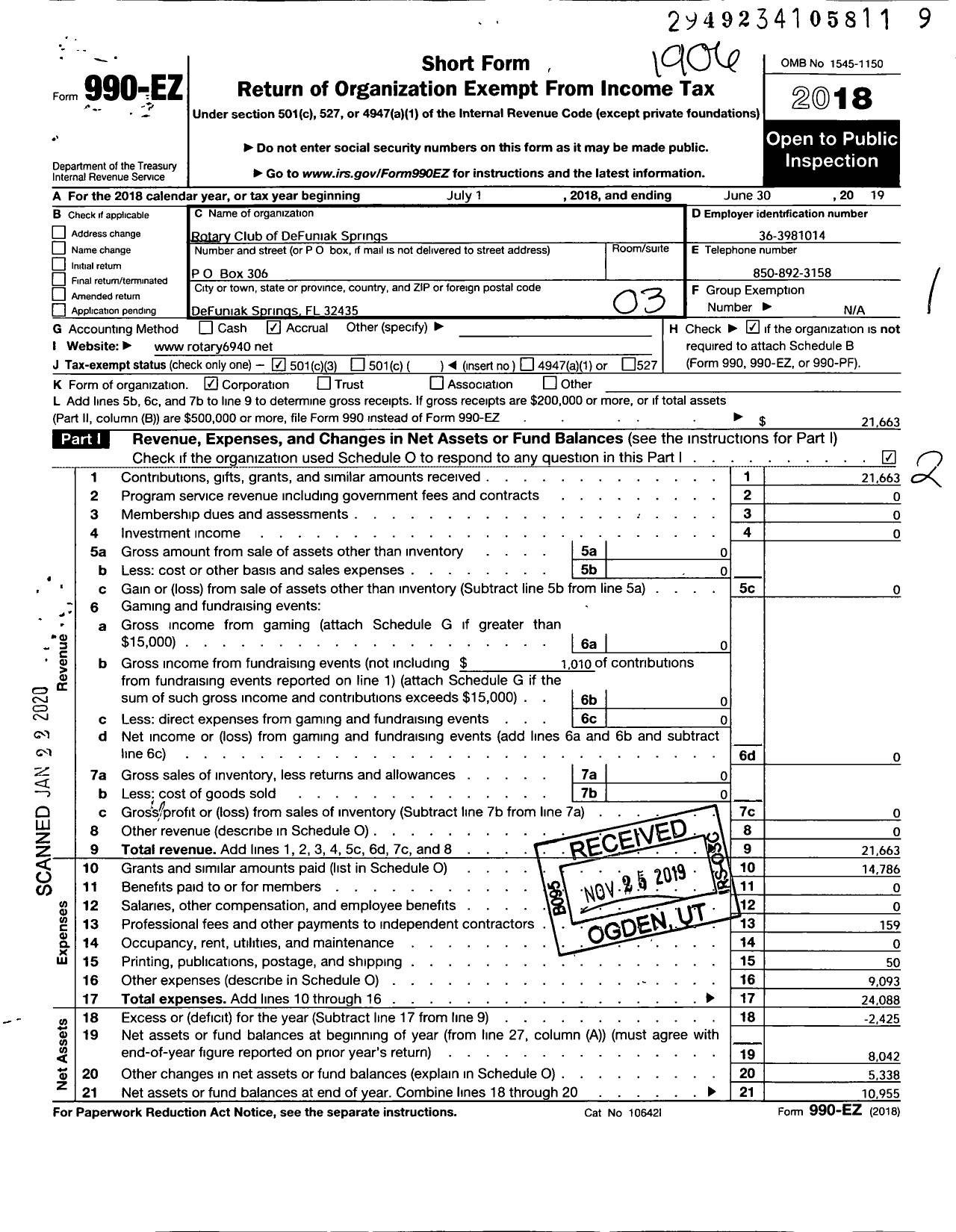 Image of first page of 2018 Form 990EZ for Rotary Club of Defuniak Springs