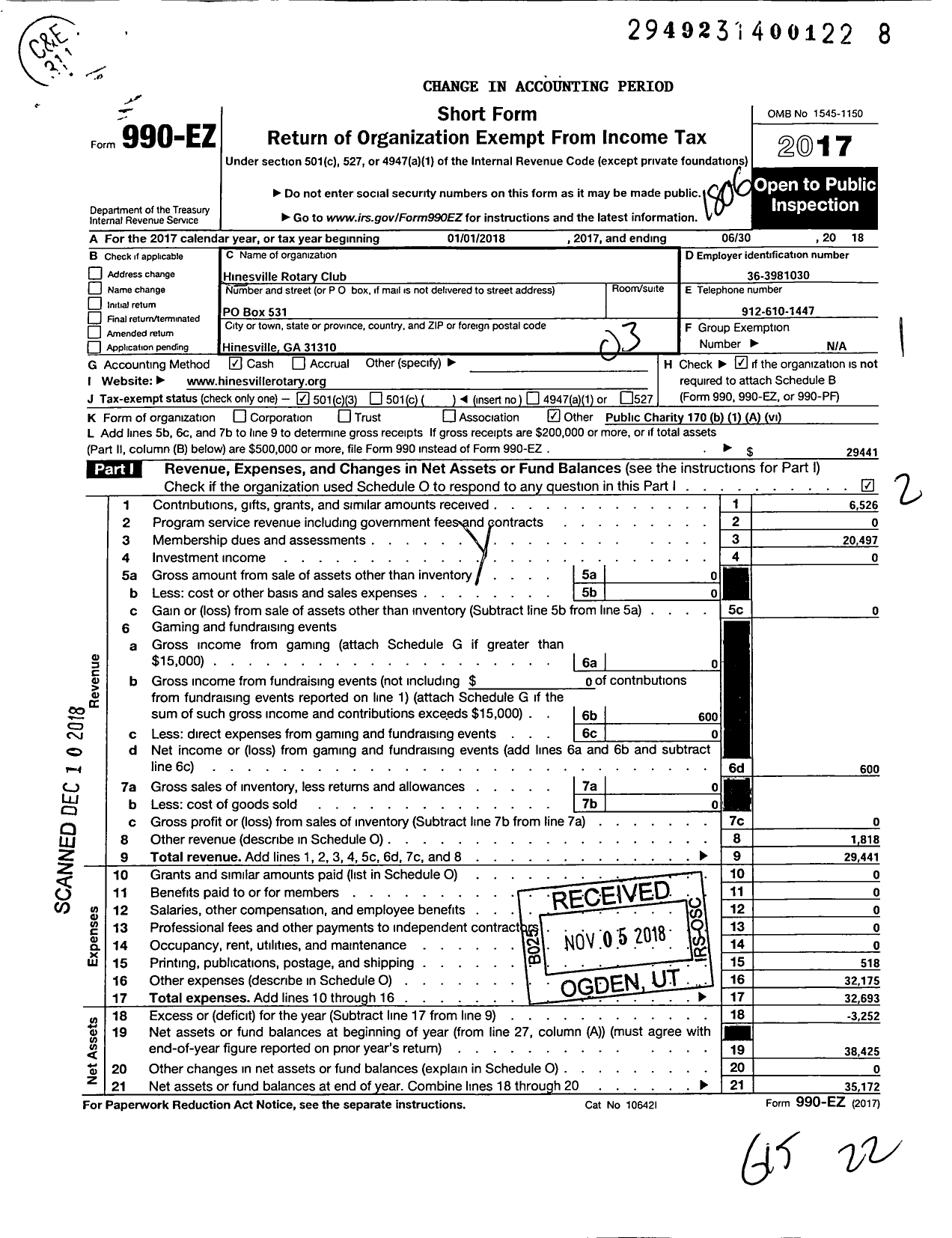 Image of first page of 2017 Form 990EZ for Hinesville Rotary Club