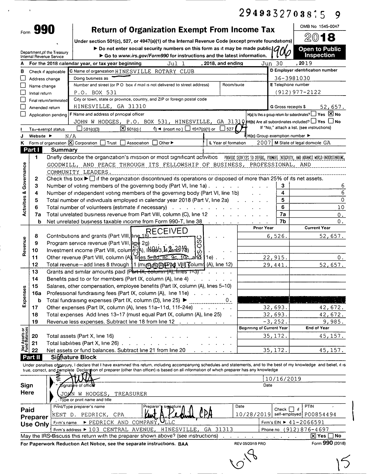 Image of first page of 2018 Form 990O for Hinesville Rotary Club