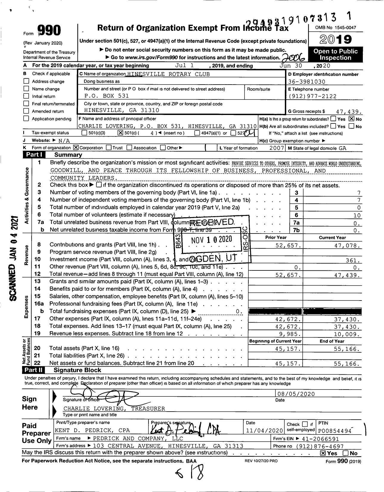 Image of first page of 2019 Form 990O for Hinesville Rotary Club