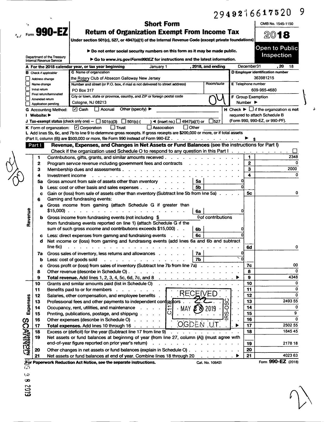 Image of first page of 2018 Form 990EO for Rotary Club of Absecon Galloway New Jersey