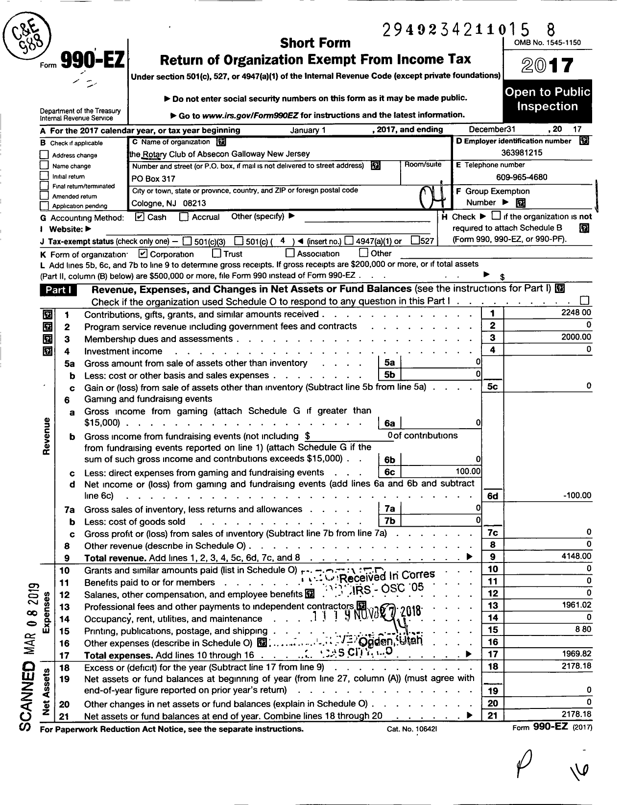 Image of first page of 2017 Form 990EO for Rotary Club of Absecon Galloway New Jersey