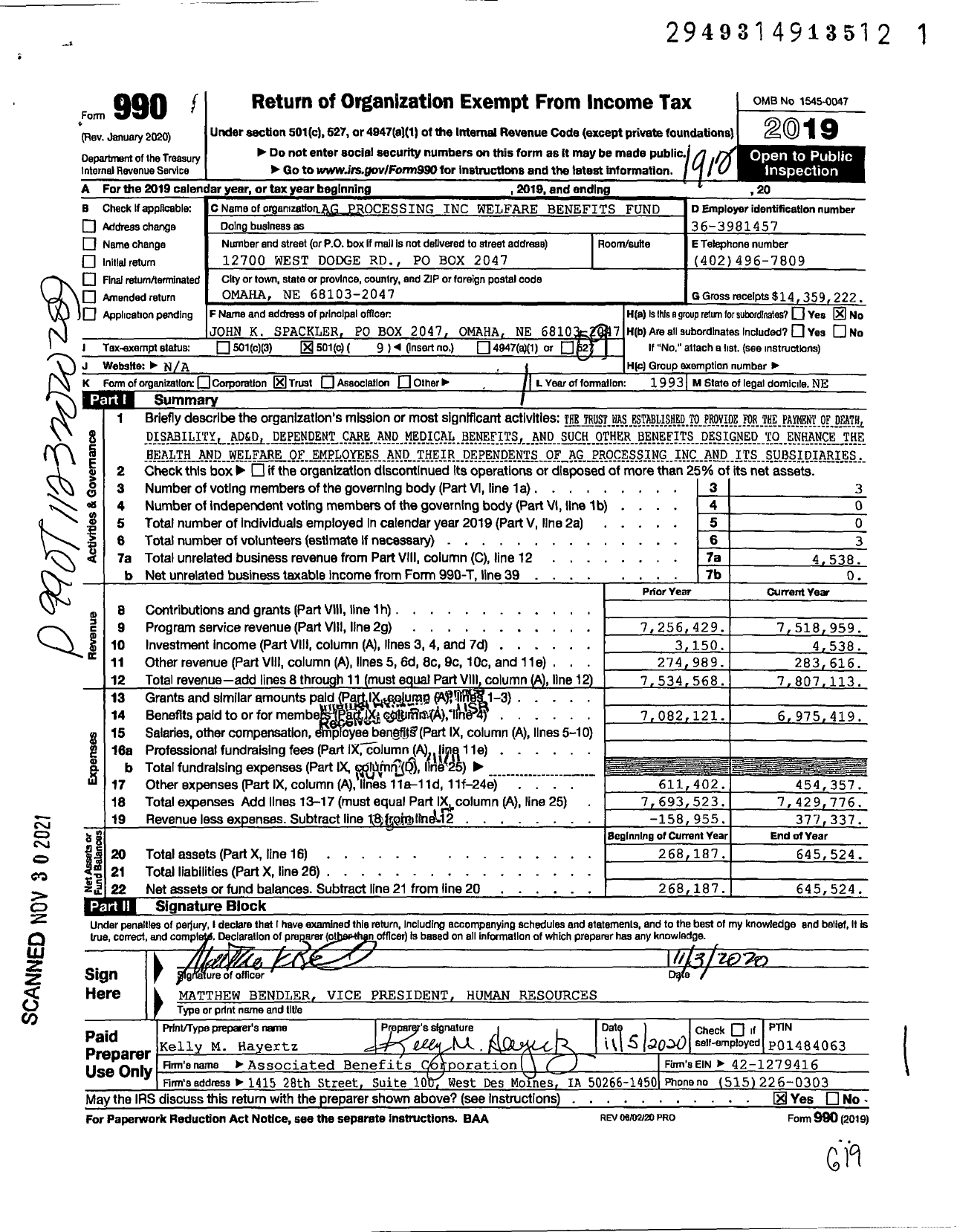Image of first page of 2019 Form 990O for Ag Processing Welfare Benefits Fund