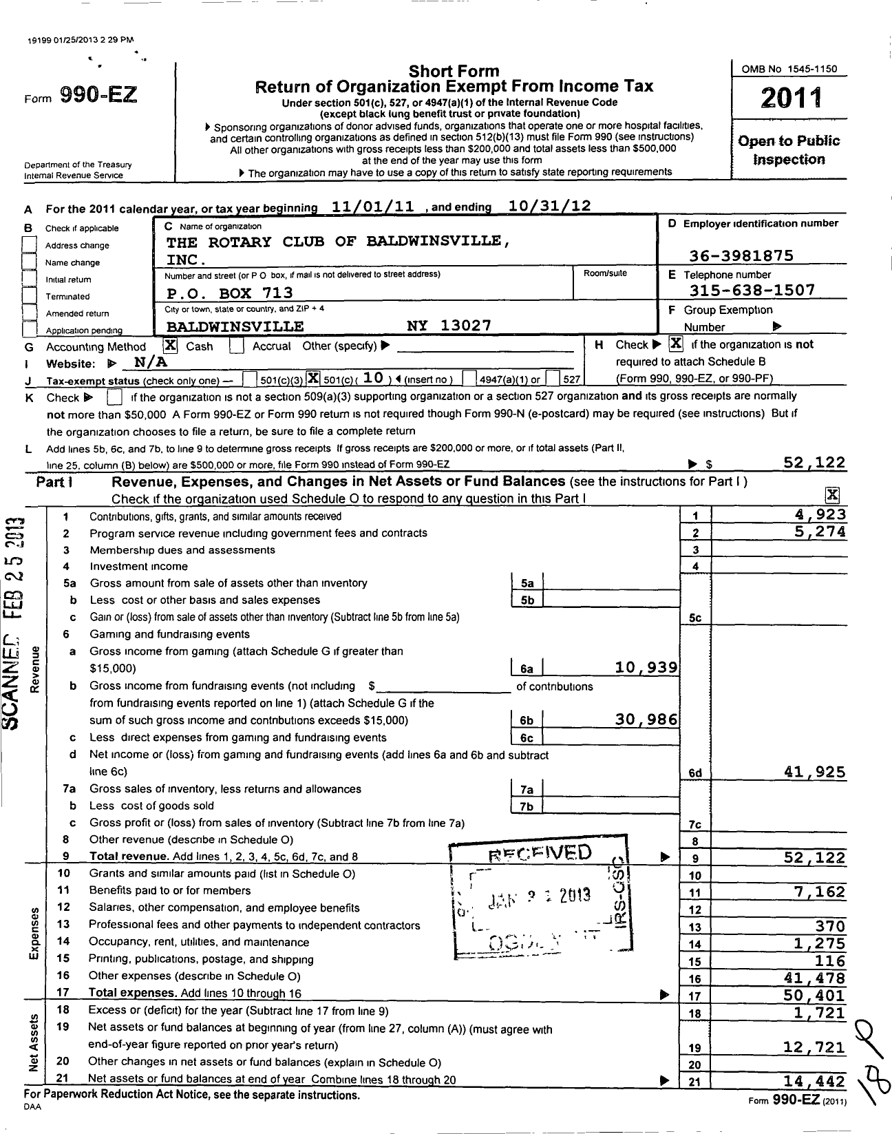 Image of first page of 2011 Form 990EO for Rotary International - Baldwinsville Rotary Club