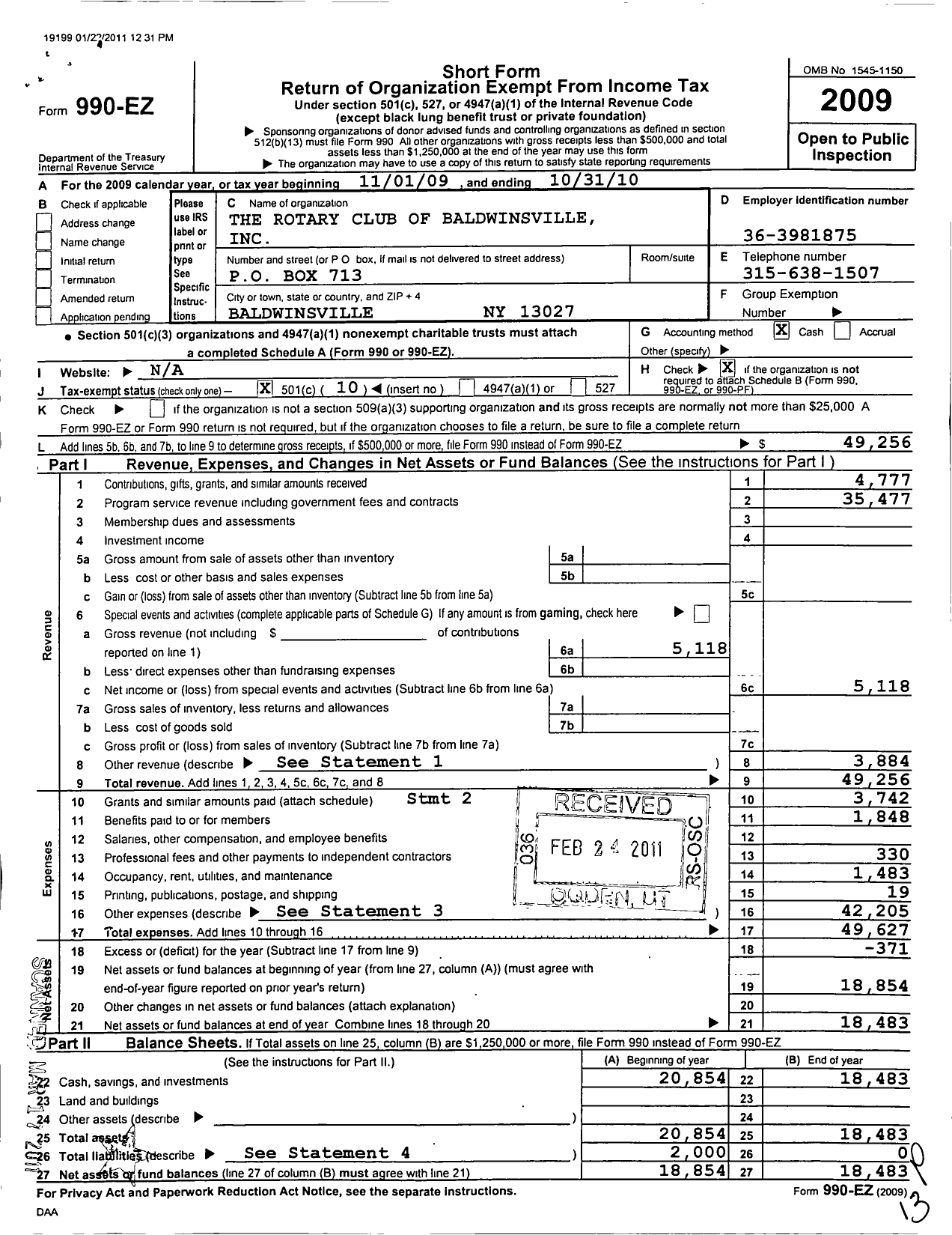 Image of first page of 2009 Form 990EO for Rotary International - Baldwinsville Rotary Club