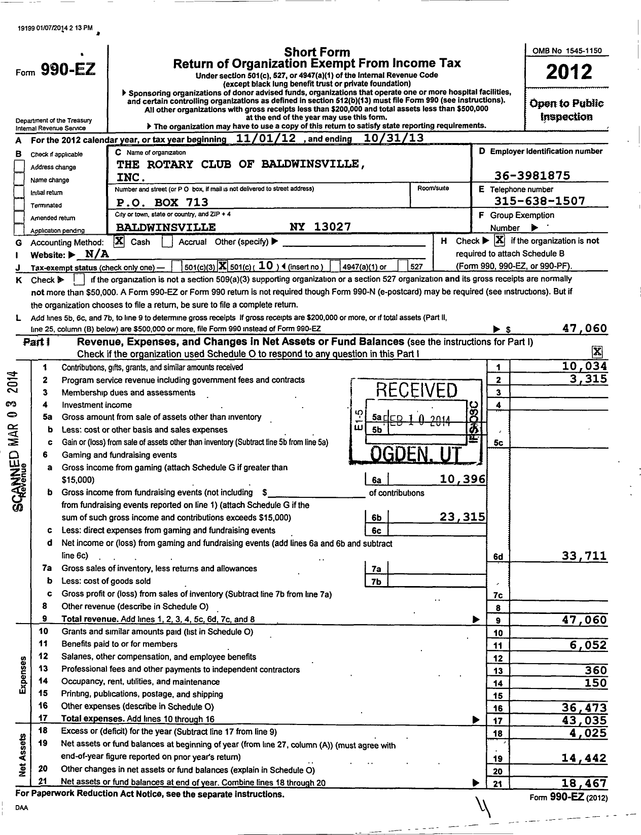 Image of first page of 2012 Form 990EO for Rotary International - Baldwinsville Rotary Club