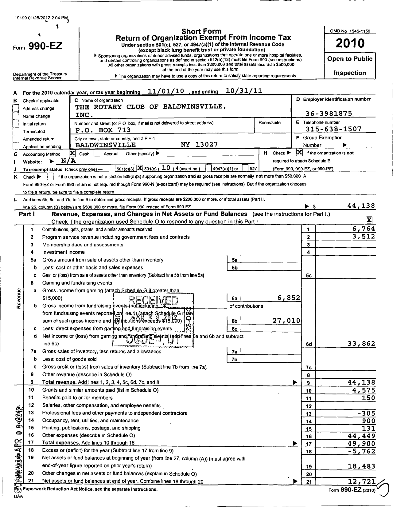 Image of first page of 2010 Form 990EO for Rotary International - Baldwinsville Rotary Club