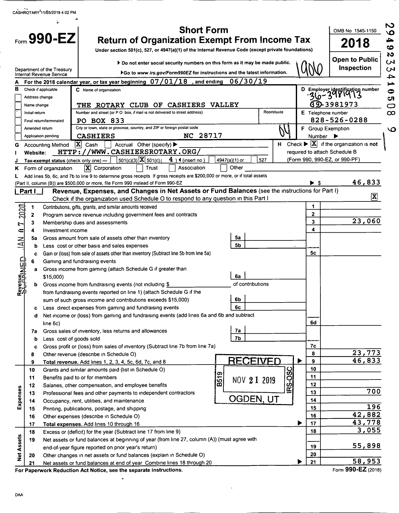 Image of first page of 2018 Form 990EO for Rotary International - Cashiers Valley NC Rotary Club