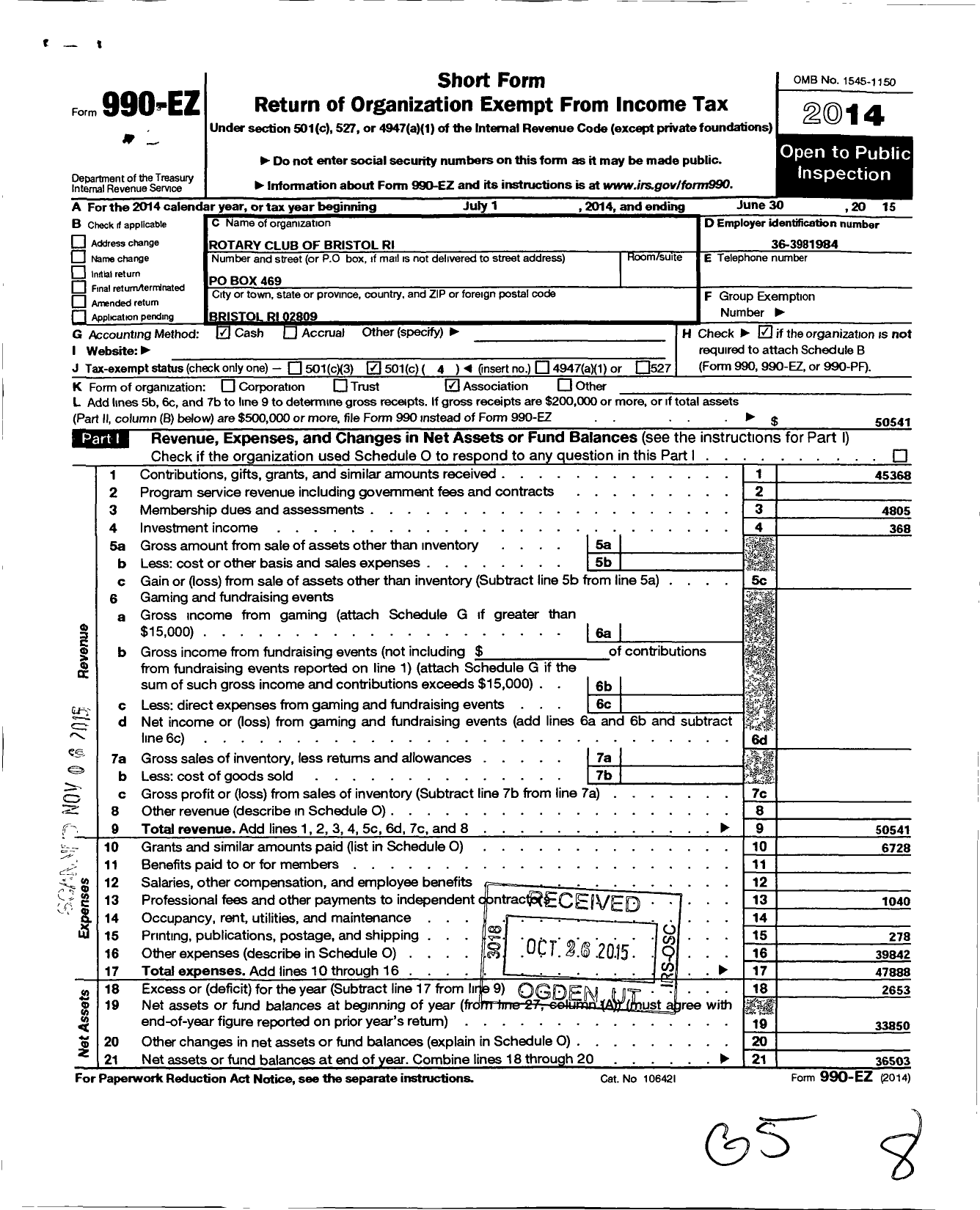 Image of first page of 2014 Form 990EO for Rotary International - Bristol Rotary Club of Rhode Island