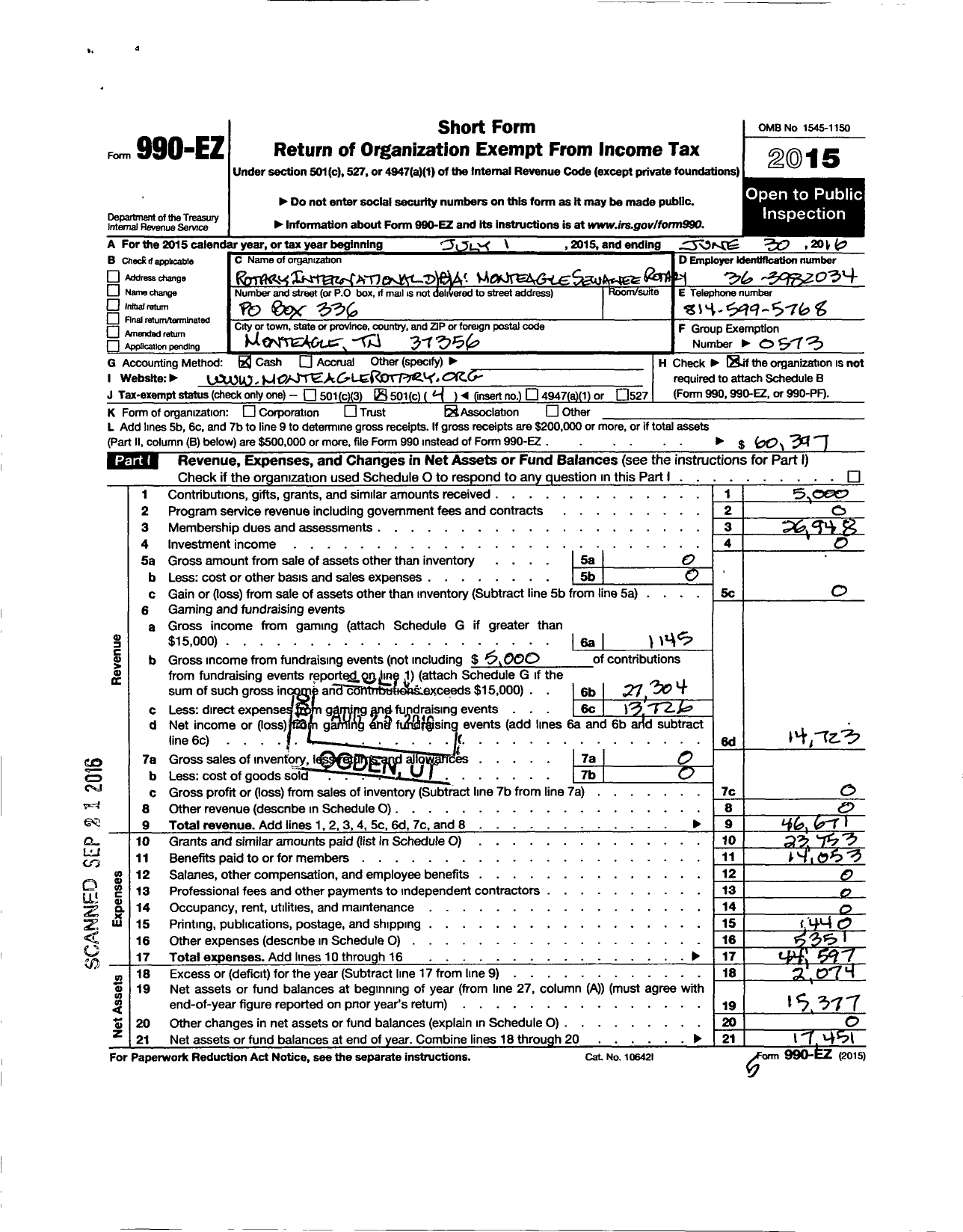 Image of first page of 2015 Form 990EO for Rotary International - Monteagle-Sewanee Tennessee USA