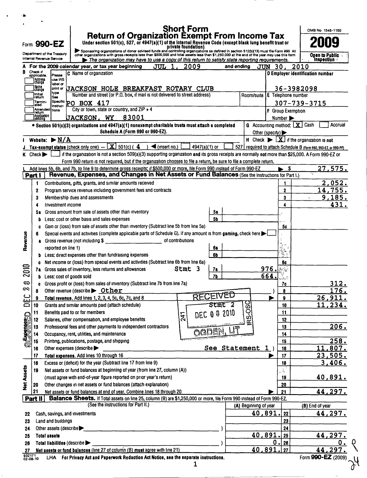 Image of first page of 2009 Form 990EO for Rotary International - Jackson Hole Breakfast Rotary CL WV