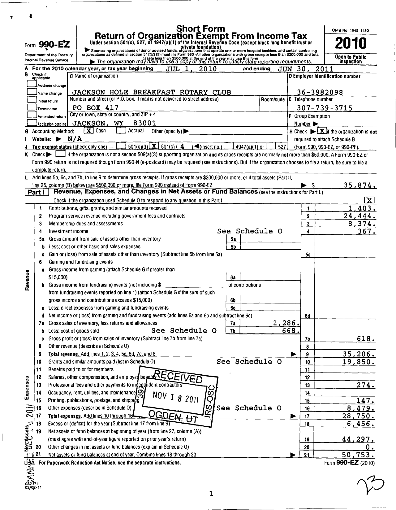 Image of first page of 2010 Form 990EO for Rotary International - Jackson Hole Breakfast Rotary CL WV