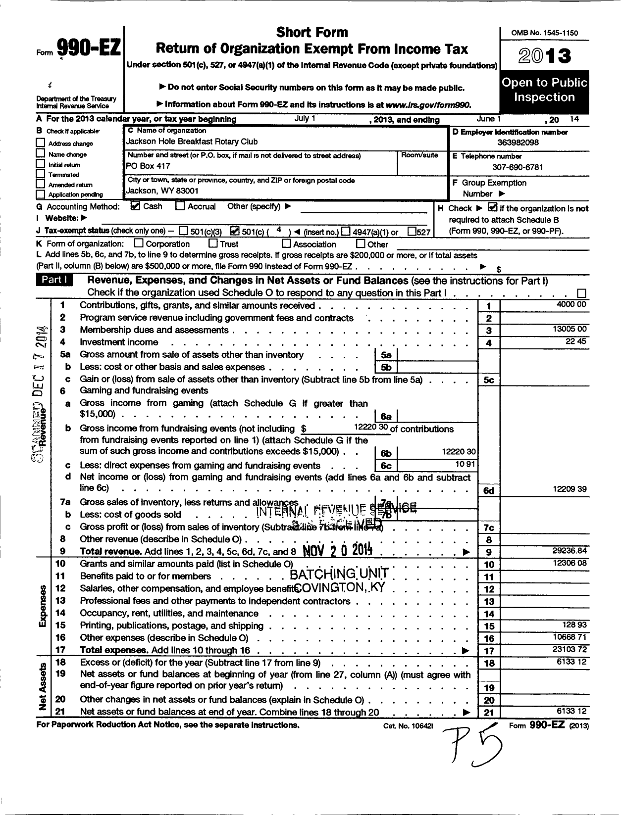 Image of first page of 2013 Form 990EO for Rotary International - Jackson Hole Breakfast Rotary CL WV