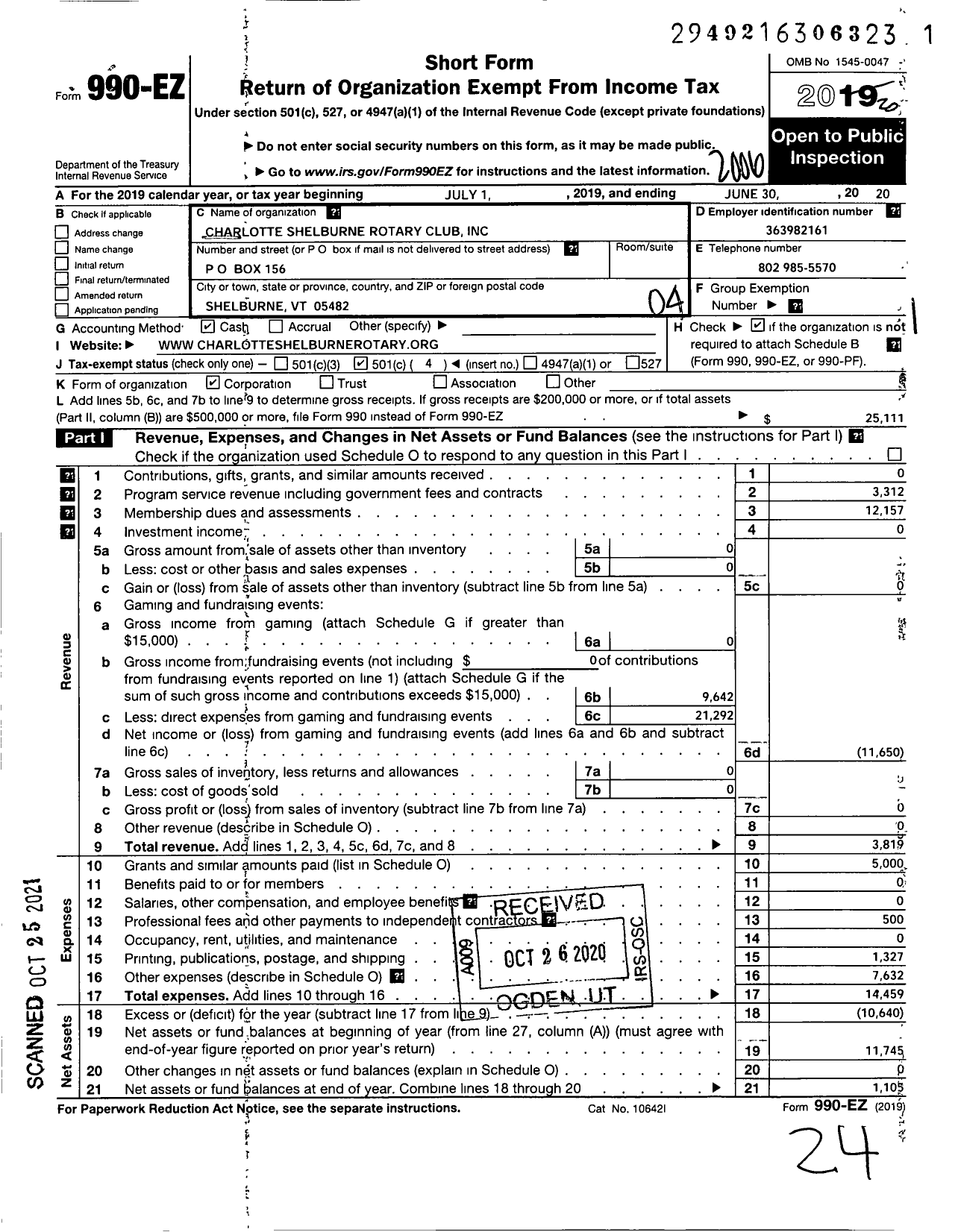 Image of first page of 2019 Form 990EO for Rotary International - Charlotte-Shelburne VT Rotary Club